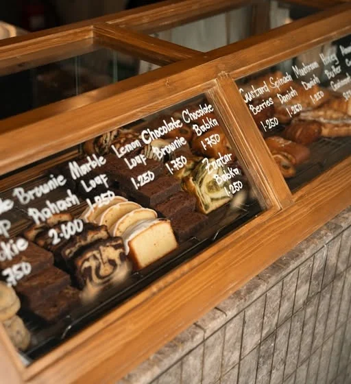 The in-store bakery case, timber framed, with the handwritten pastry board above it.