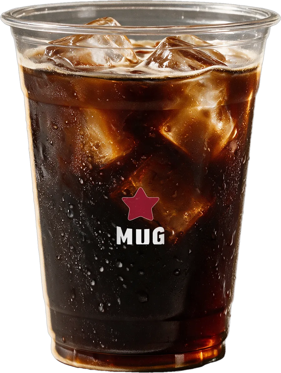 A clear Mug iced takeaway cup. Its contents change from an iced americano, to an iced spanish latte, to an iced matcha latte.